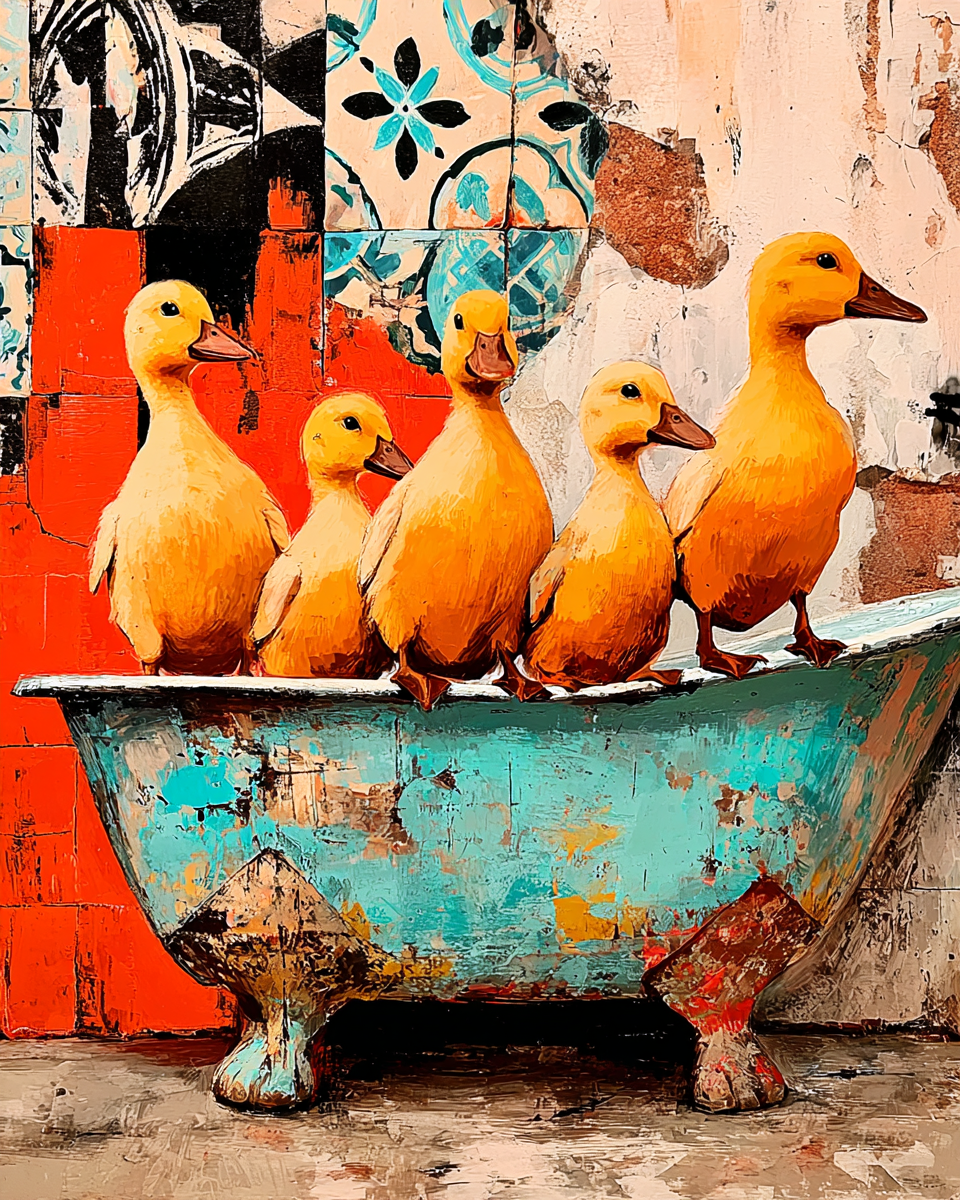 Five Yellow Ducklings on a Bathtub - Funny Bathroom Art Print
