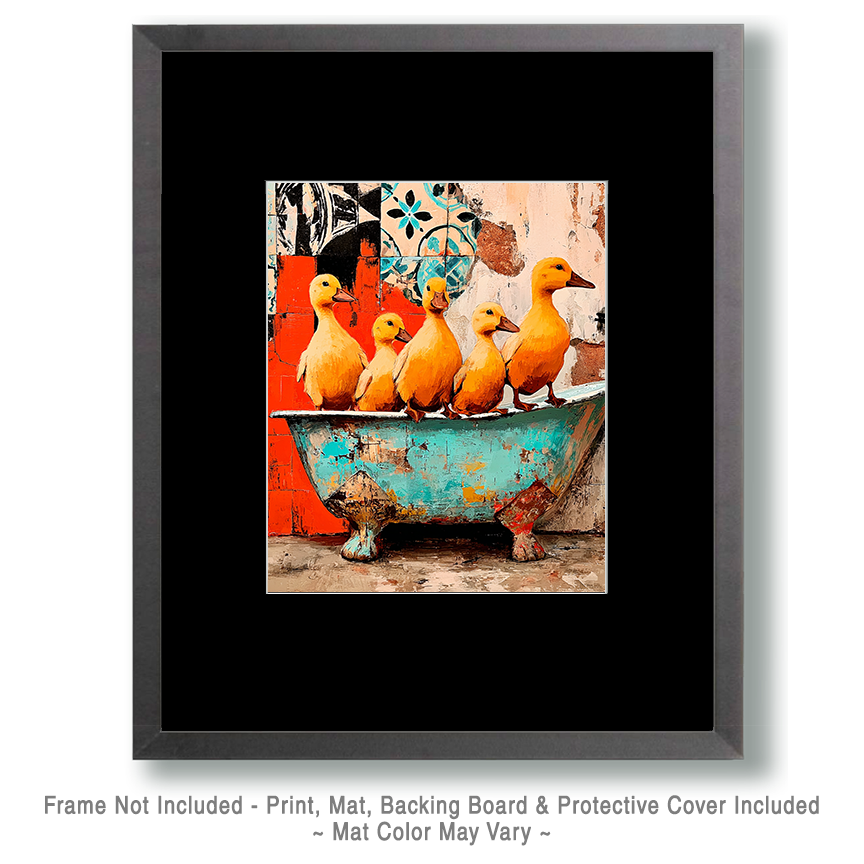 Five Yellow Ducklings on a Bathtub - Funny Bathroom Art