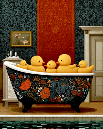 Yellow Duck Family in a Bathtub - Funny Bathroom Art Print