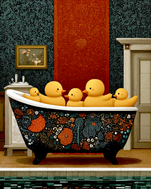 Yellow Duck Family in a Bathtub - Funny Bathroom Art Print