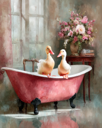 Two Ducks in a Pink Bathtub - Funny Bathroom Art Print