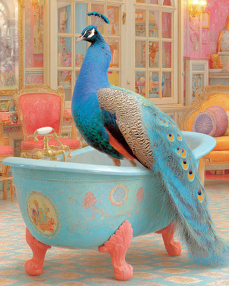 Pastel Peacock in Bathtub - Funny Bathroom Art Print