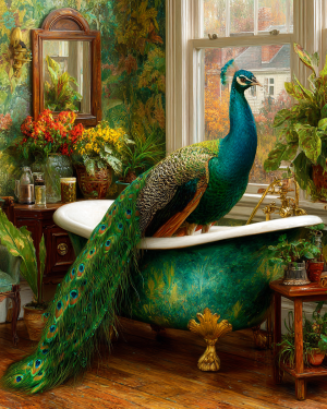 Jewel-Tone Peacock in Bathtub - Funny Bathroom Art Print