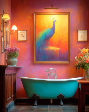 Peackock Artwork Above Bathtub - Funny Bathroom Art Print