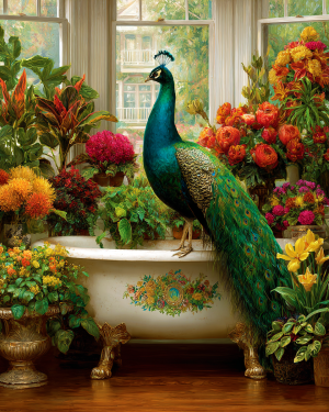 Peackock on a Floral Bathtub - Funny Bathroom Art Print