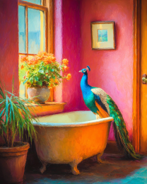 Brilliant Peacock in Bathtub - Funny Bathroom Art Print