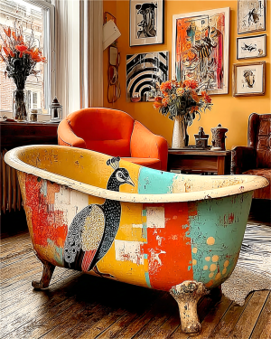 Peackock Artwork Integrated in Bathtub - Funny Bathroom Art Print