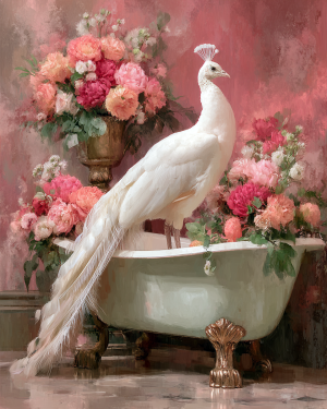 White Peacock in Bathtub - Funny Bathroom Art Print