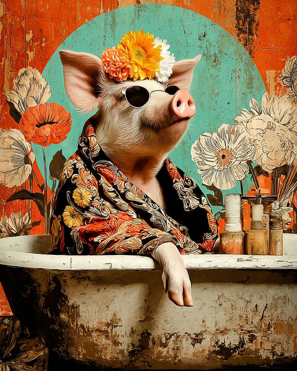 Cool Pig in Bathtub - Funny Animal Art Print