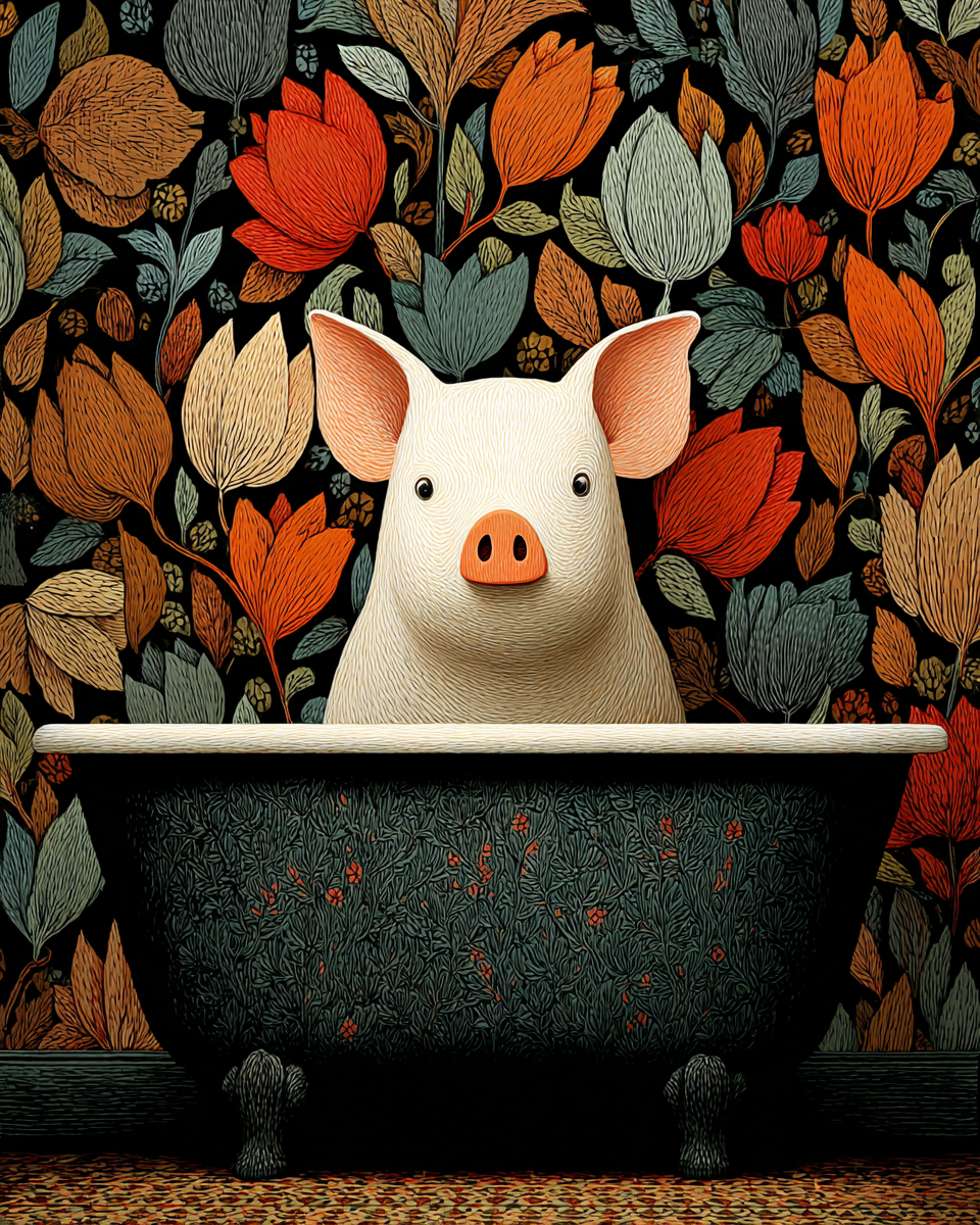Young Pig in Bathtub - Funny Animal Art Print