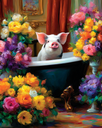 Pig in Bathtub Full of Flowers - Funny Animal Art Print
