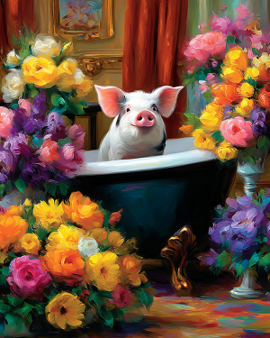 Pig in Bathtub Full of Flowers - Funny Animal Art Print