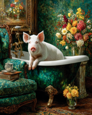 Pig in Bathtub in Parlor - Funny Animal Art Print