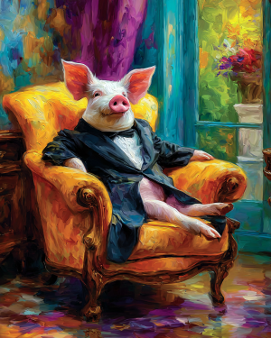 Pig Relaxing in Stuffed Chair - Funny Animal Art Print