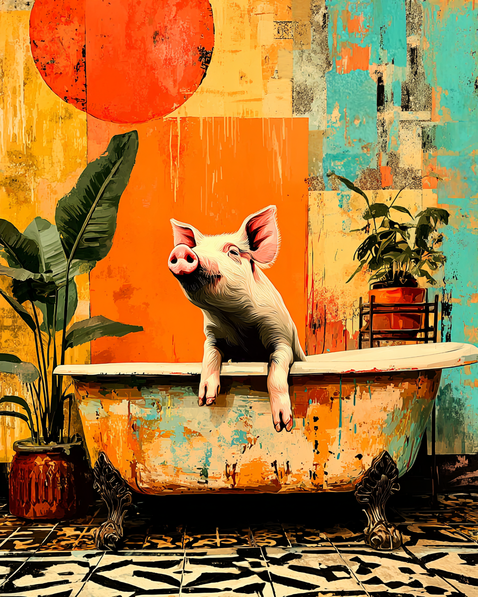 Piglet in Bathtub - Funny Animal Art Print