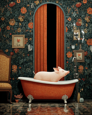 Mid-Century Modern Pig in Bathtub - Funny Animal Art Print