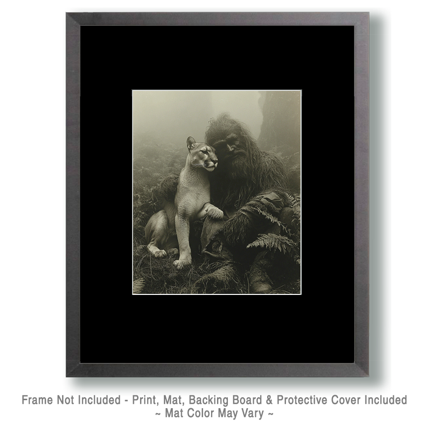 Mountain Lion with His Pet Bigfoot - Vintage Bigfoot Art