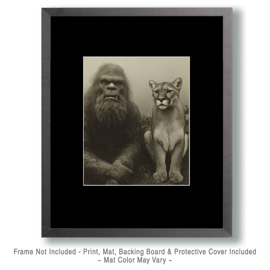 Bigfoot with His Pet Mountain Lion - Vintage Bigfoot Art