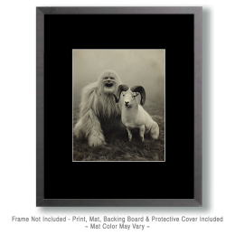 Murrey the Sasquatch with His Unimpressed Ram - Vintage Bigfoot Art