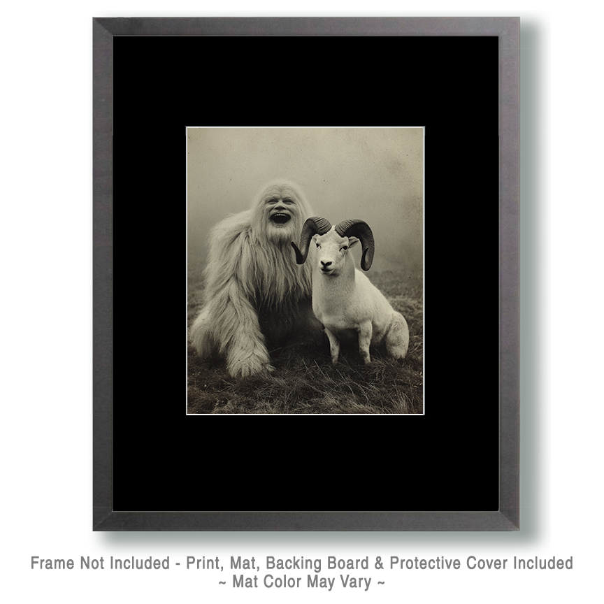 Murrey the Sasquatch with His Unimpressed Ram - Vintage Bigfoot Art