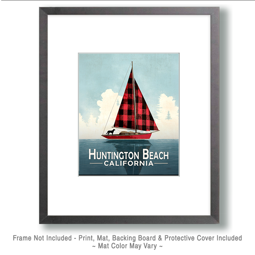 Huntington Beach California Souvenir Art Print - Buffalo Plaid Sailboat - Image 2