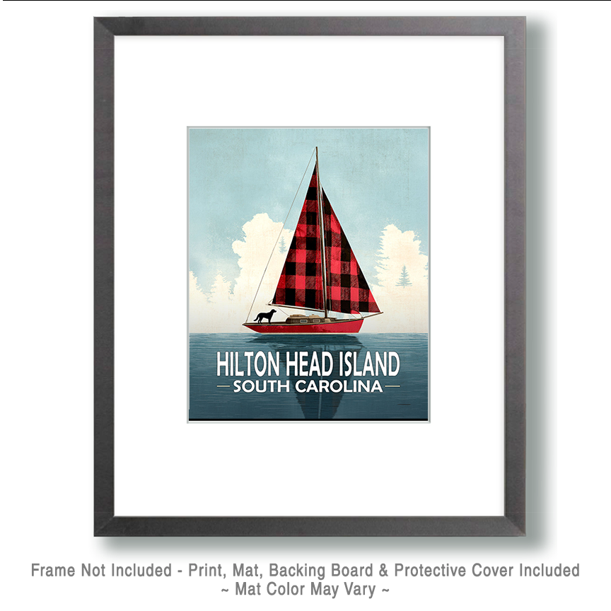 Hilton Head Island, South Carolina Souvenir Art Print - Buffalo Plaid Sailboat with Black Dog - Image 2