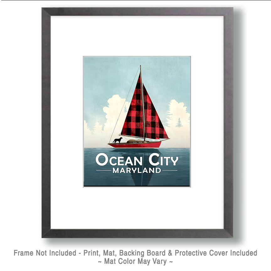 Ocean City, Maryland Souvenir Art Print - Buffalo Plaid Sailboat with Black Dog - Image 2
