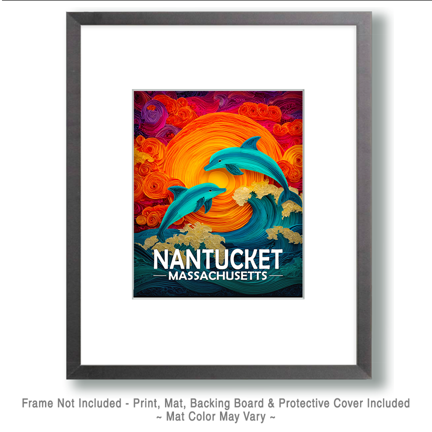 Nantucket, Massachusetts Souvenir Art Print - Stylized Dolphins Jumping at Sunset - Image 2