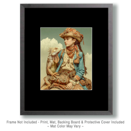 Rebecca On Her Horse with Her Bearded Dragon - Vintage Style Cowgirl Art