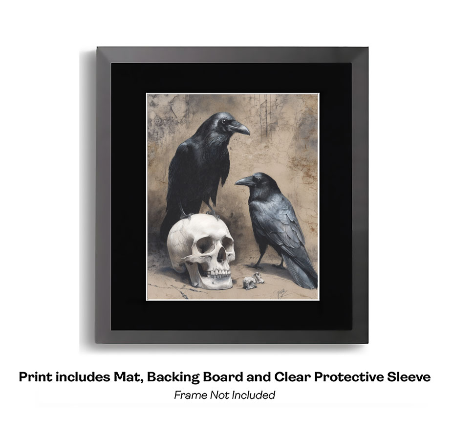 Two Ravens with Skull