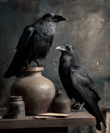 Pair of Ravens with Pottery