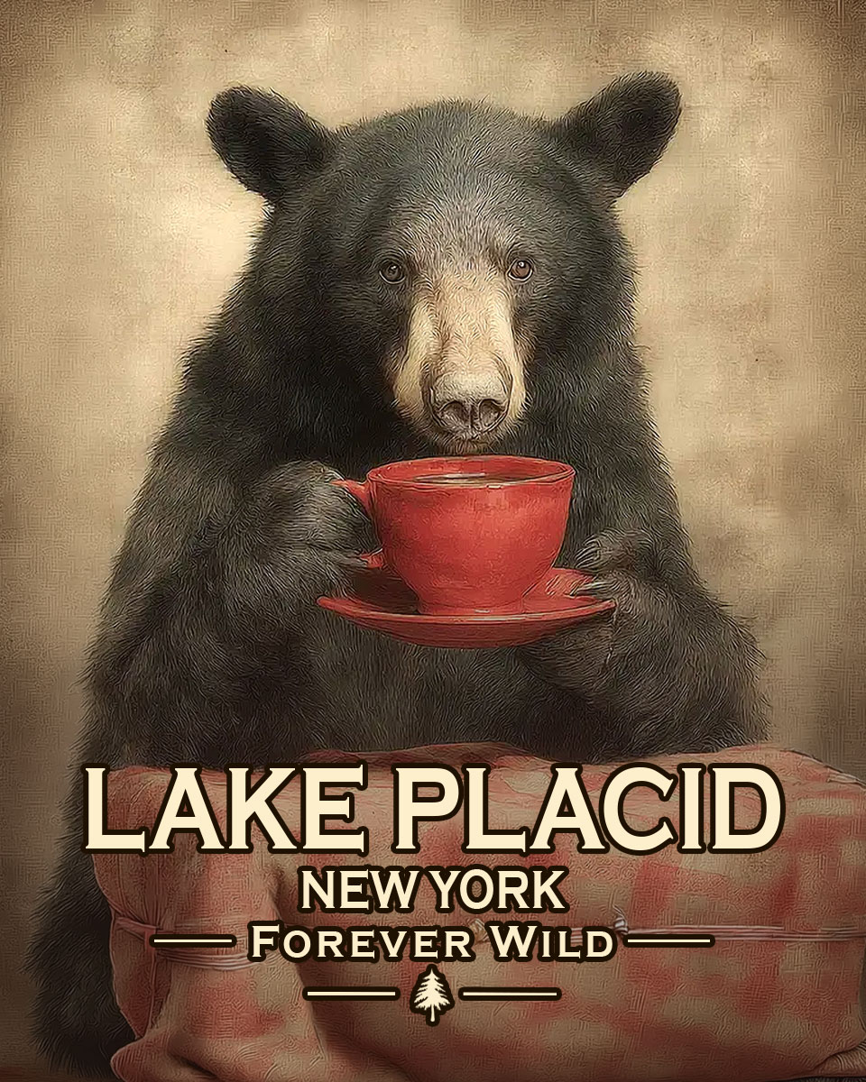 Lake Placid New York - Forever Wild - Bear Enjoying a Cup of Coffee