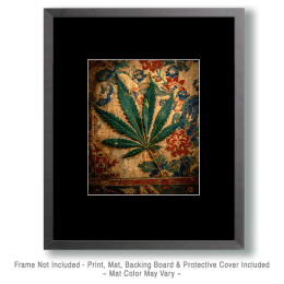 Antique Wat Suwannaram Mural Art style Marijuana Leaf - Weed Wall Art Print