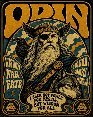 60's Poster Style - Odin with His Wolf and Ravens - Norse Mythology Art Print