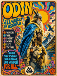60's Psychedelic Poster Style - Odin with His Wolf and Ravens on Lakeshore - Norse Mythology Art Print