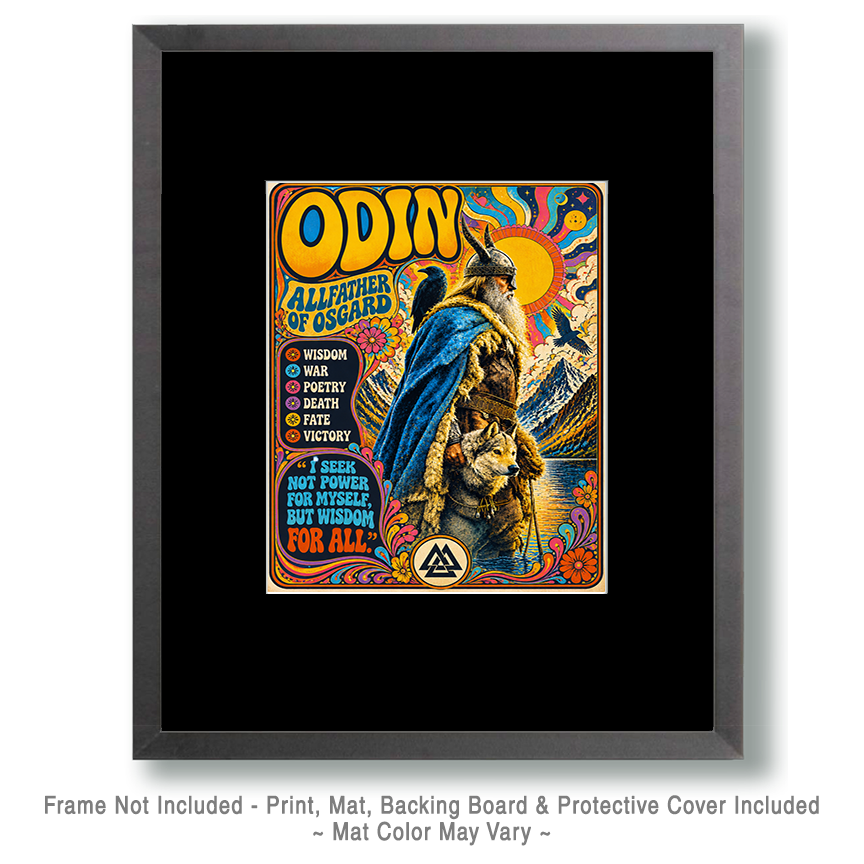 60's Psychedelic Poster Style - Odin with His Wolf and Ravens on Lakeshore - Norse Mythology Art Print - Image 2