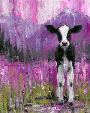 Abstract Calf in Purple Landscape - Cow Art Print