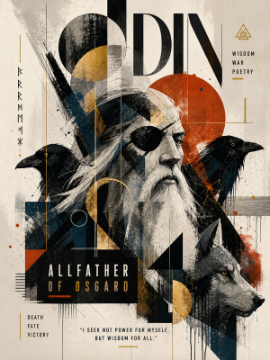 Abstract Style - Odin with His Wolf and Ravens - Norse Mythology Art Print