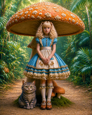 Alice and Cheshire Cat Under an Amanita - Mushroom Decor