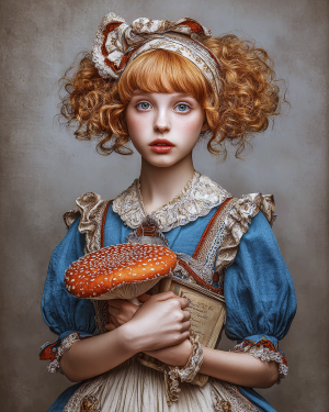 Alice with Her Book and an Amanita for Later - Mushroom Decor