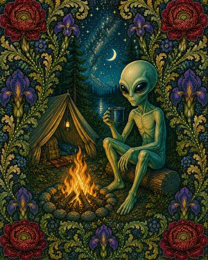 Alien Camping - Art Nouveau Cryptid Artwork