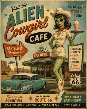 Alien Cowgirl Cafe - Route 66 Parody Poster