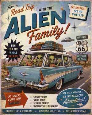 Alien Family in Station Wagon - Route 66 Parody Poster
