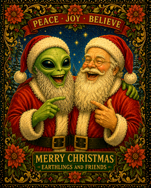 Alien with Santa Claus - Christmas Art Print