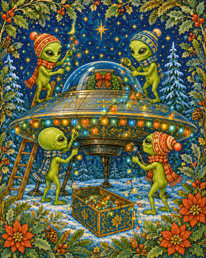 Aliens Decorating Spacecraft for X Mas - Christmas Art Print