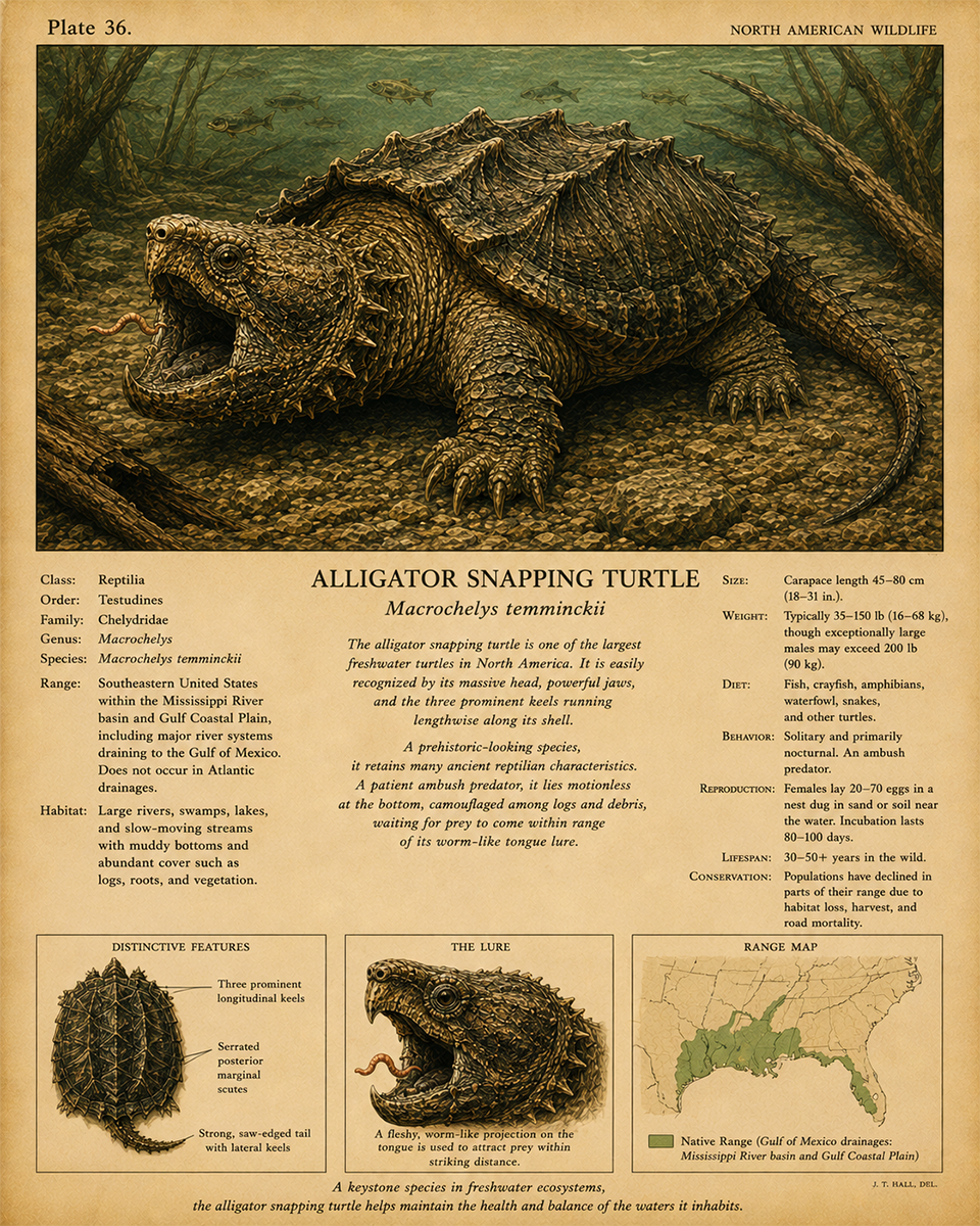Alligator Snapping Turtle - Vintage Wildlife Art - Antique Nature Illustration