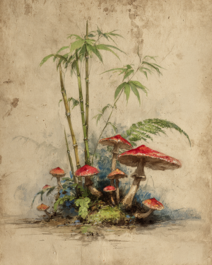 Amanitas Among Bamboo Mushroom Aesthetic Art