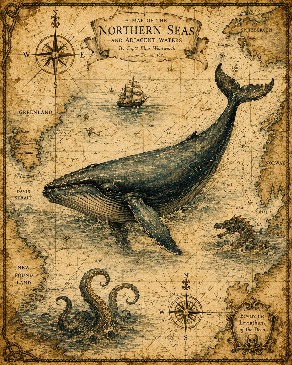 Ancient Ocean Map - Coastal Whale Wall Art