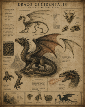 Antique Style Dragon Study - Dark Academia Art Print