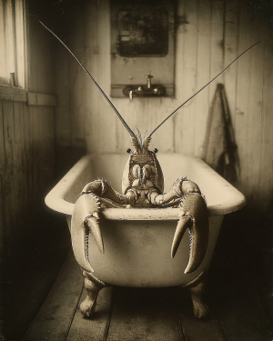 Antique Style Lobster Artwork - Giant in Bathtub - Bathroom Art